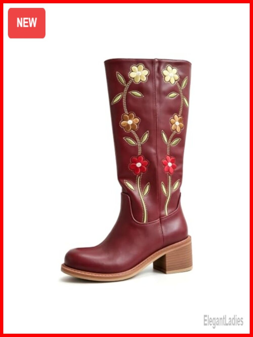 Floral Embroidered Western Cowboy Boots Mid Calf Square Heel Pull On Pointed
